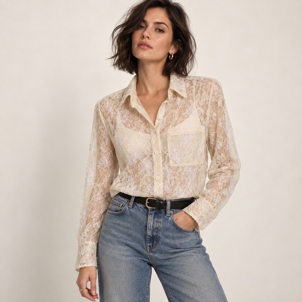 Zadig & Voltaire Defile Ivory Floral Lace Button Down Shirt Blouse Spring 2024